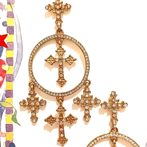 NWT BOUTIQUE GOLD CROSS DANGLE PIERCED EARRINGS - Picture 2 of 2